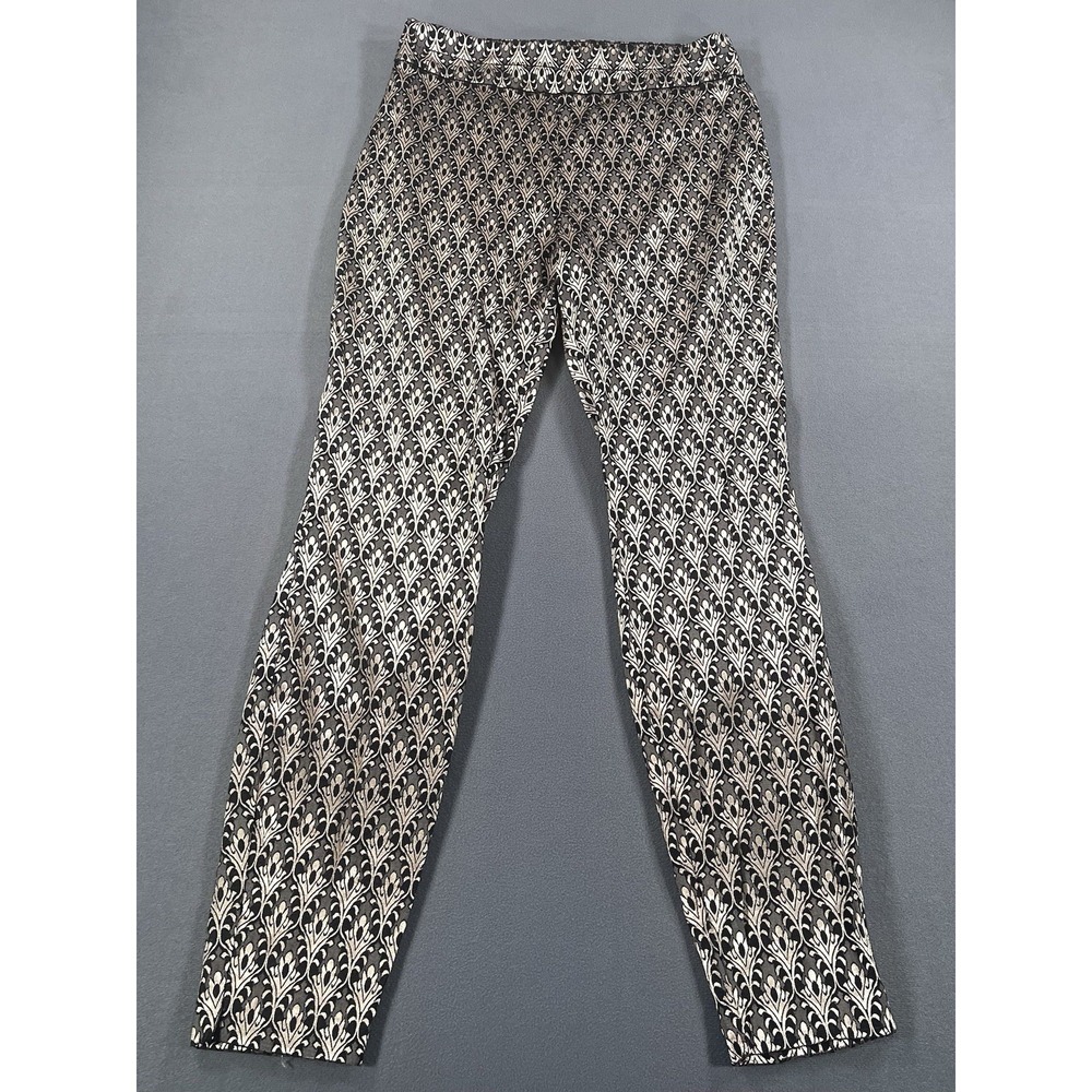 NY & Company Women Black Gold Damask Print Stretch Dress Pants L Tall Tapered